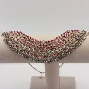 Vintage Pink Rhinestone Statement Bib Necklace Boho Glam - needs restore